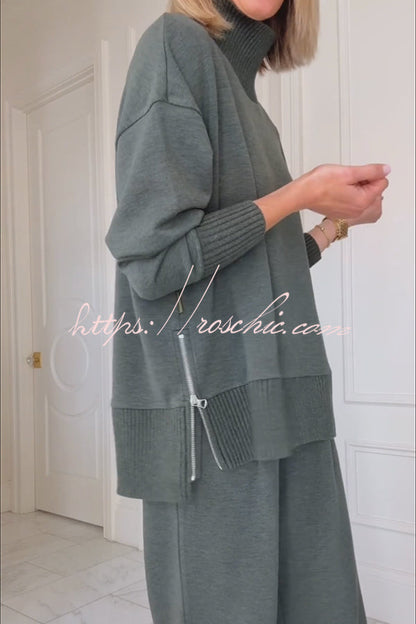 Barker High-Neck Long Sleeve Side Zipper Sweatshirt and Elastic Waist Pocketed Loose Pants Set (Shipped Within 24 Hours)