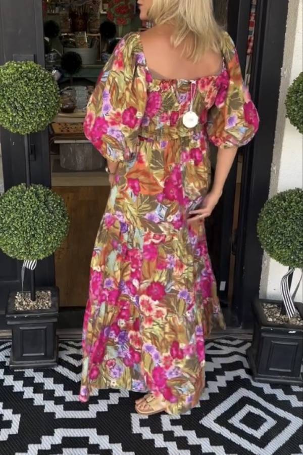 Tropical Floral Puff Sleeve Smocked Tiered Maxi Dress