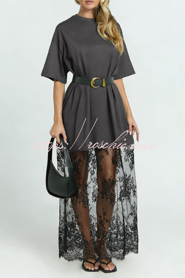 Stylish Loose-fitting Round Neck Short-sleeved Spliced lace Hem Maxi Dress