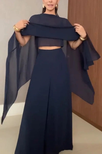 Veronica Chiffon Cape Flowing Top and Elastic Waist Wide-Leg Pants Set