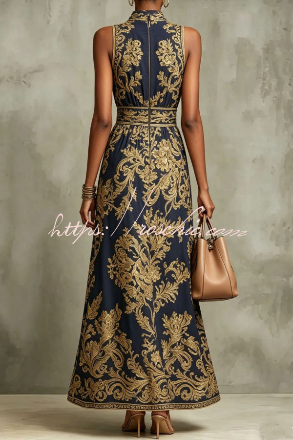 Vintage Gold Embroidered Long Dress
