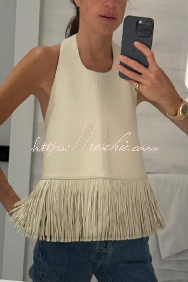 Stylish Halter Neck Sleeveless Leather Tassel Loose Top
