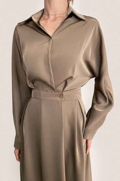 Brown Surplice Pleat Detail A-Line Maxi Shirt Dress