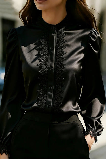 Solid Color Satin Lace Patchwork Casual Long-sleeved Shirt