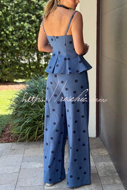 Jolene Denim Polka Dot Print Flare Hem Slip Top and Pocket Wide Leg Pants Set