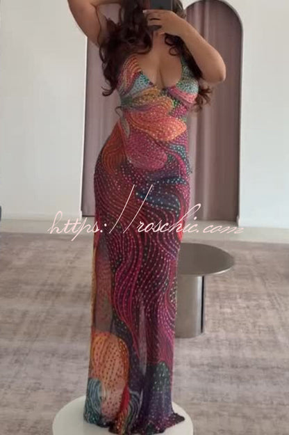 Fashionable Colorful Printed Sleeveless Halter Neck Slim-fit Maxi Dress