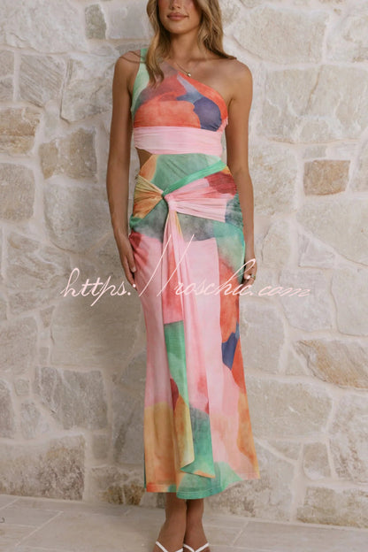 Unique Printed One-Shoulder Cutout Fitted Lace-Up Maxi Dress
