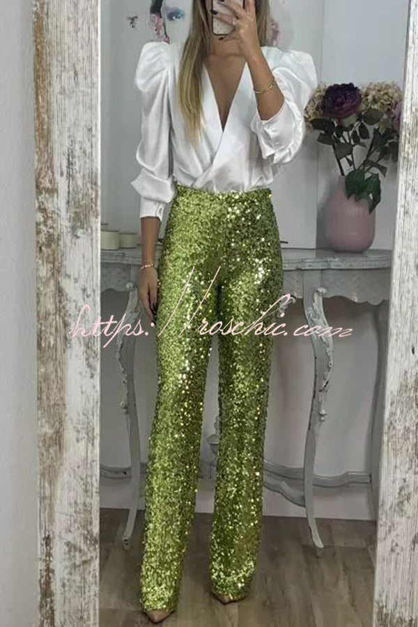 Glitzy Glamour Sequin High Rise Elastic Waist Wide Leg Pants