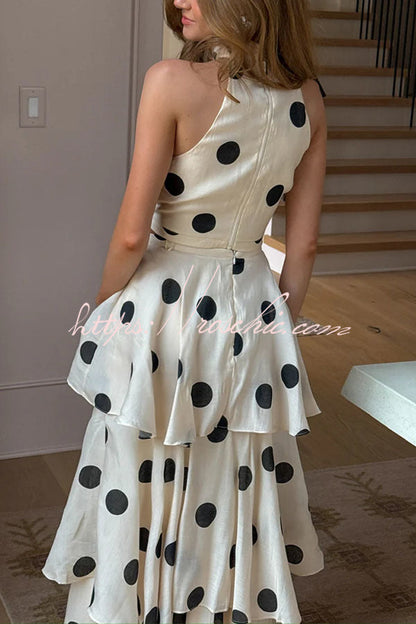 Gift To You Polka Dot Print High Neck Sleeveless Top and Layered Hem Maxi Skirt Set