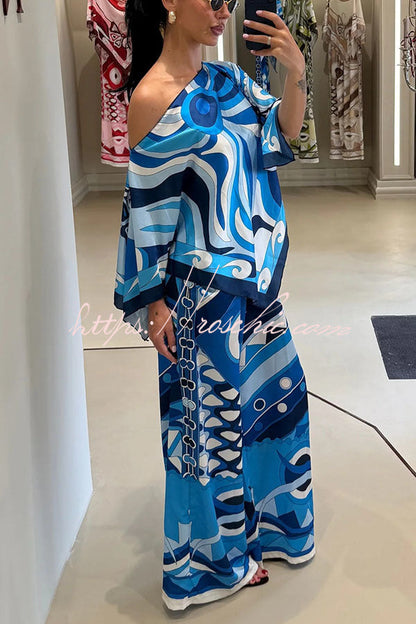 Luxe Resort Satin Unique Print Cape-style Top and Elastic Waist Pocket Wide Leg Pants Set