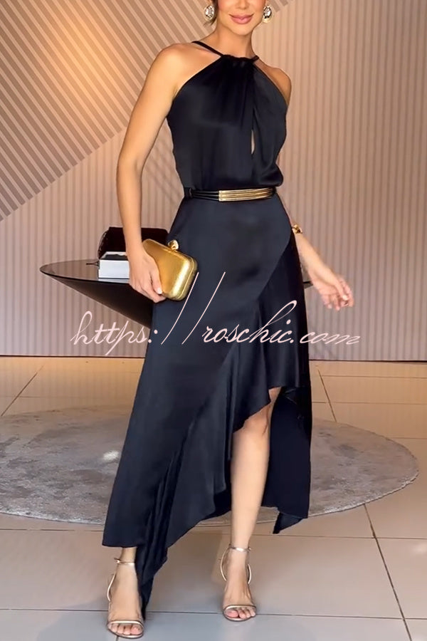 Terez Satin Metallic Belt Halter Neck Irregular Hem Slit Maxi Dress