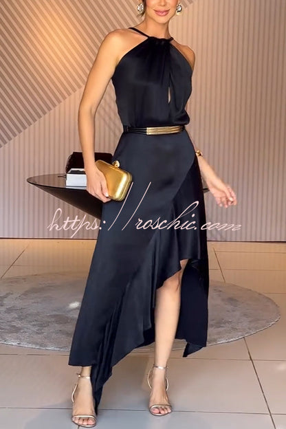 Terez Satin Metallic Belt Halter Neck Irregular Hem Slit Maxi Dress