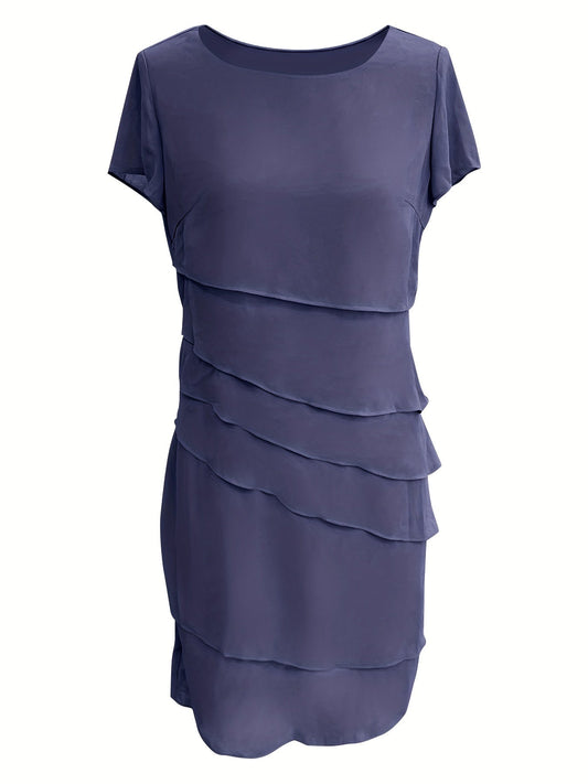 Amadis Minimalist Cotton Layered Trim Round Neck Short Sleeve Evening Dress for Women Premium Wardrobe Essential