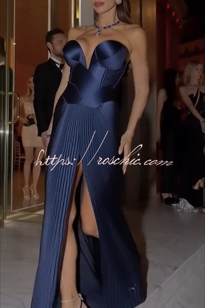 Stunning The Audience Pliss¨¦ Satin Off Shoulder Drape Slit Gown Maxi Dress