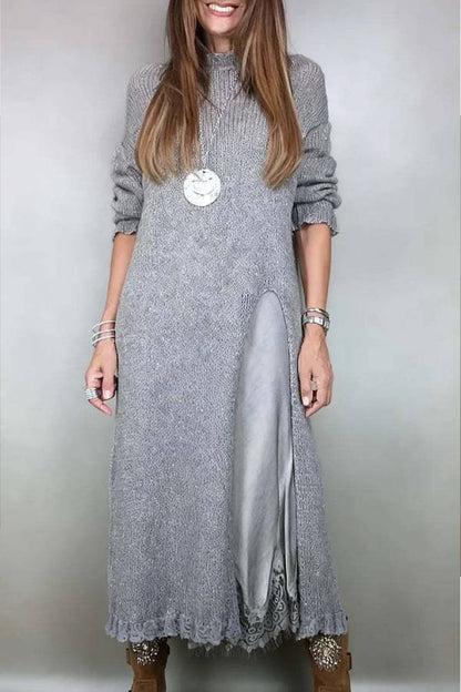 Retro knitted slit two-piece long skirt