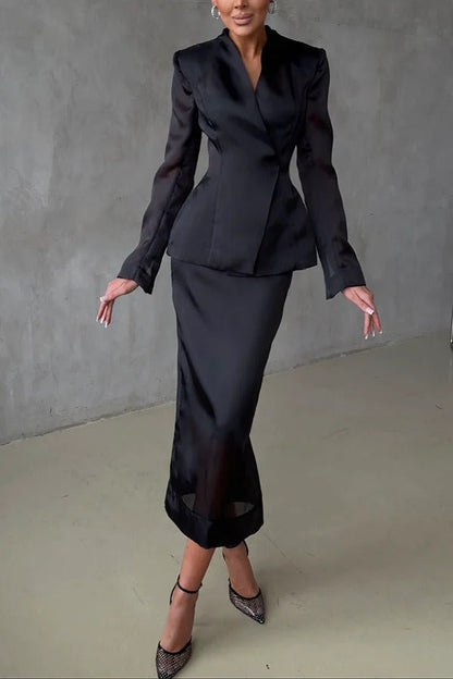 Perfectly Shaped Organza V-neck Long Sleeve Hourglass Cut Blazer