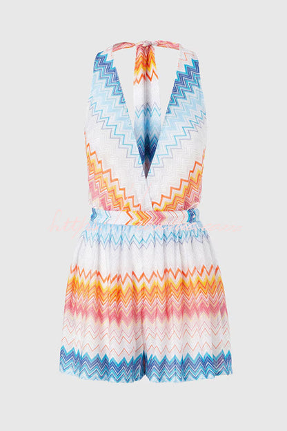 Eleanor Knit Colorful Zigzag Pattern Halter V-neck Tie-up Loose Romper