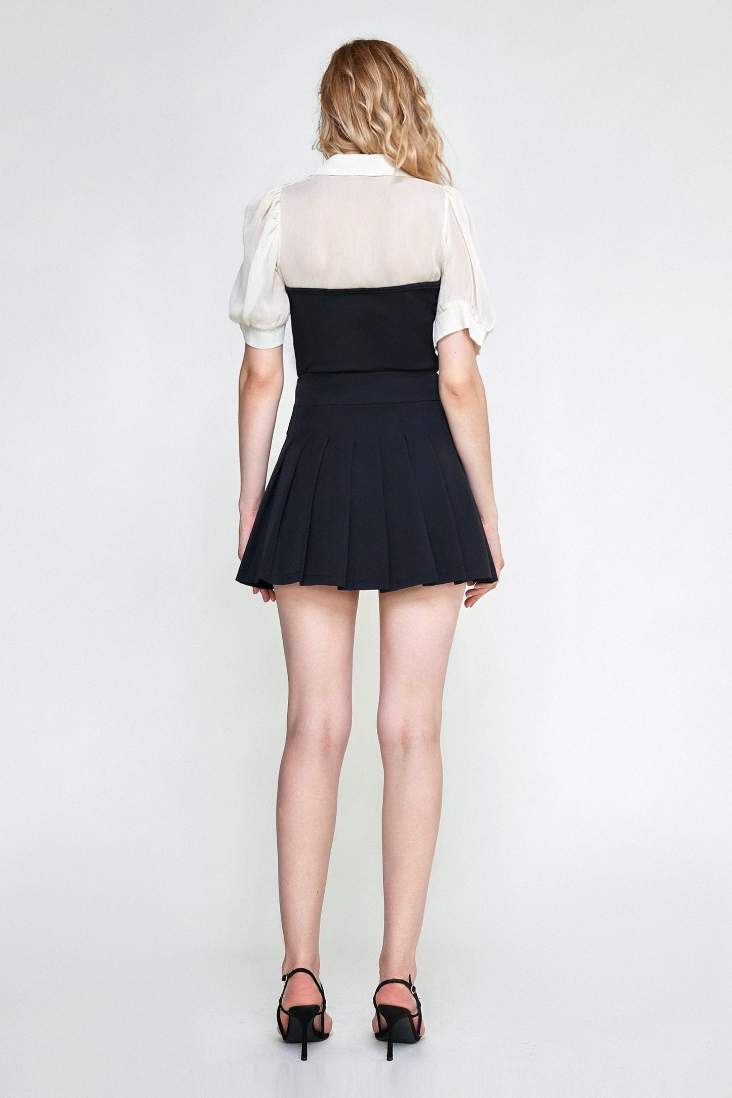 Black Contrast Mesh Puff Sleeve Polo Collar Blouse