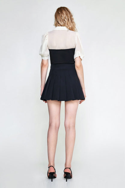 Black Contrast Mesh Puff Sleeve Polo Collar Blouse