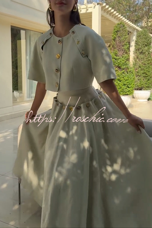 Custom Look Linen Blend Unique Metal Pattern Buttons Lace-up Waist Crisp Hem Maxi Skirt