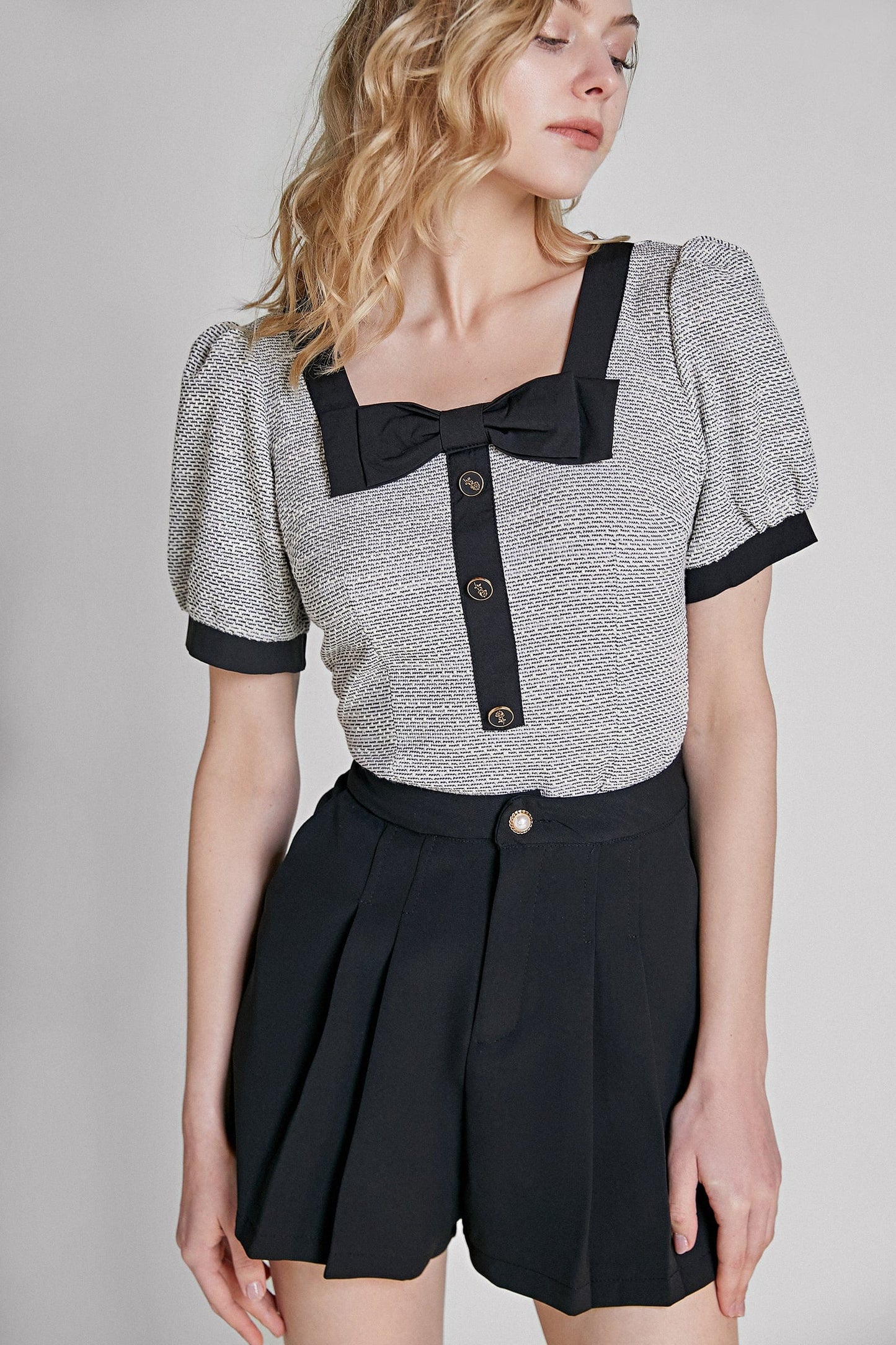 Grey Square Neck Puff Sleeve Blouse