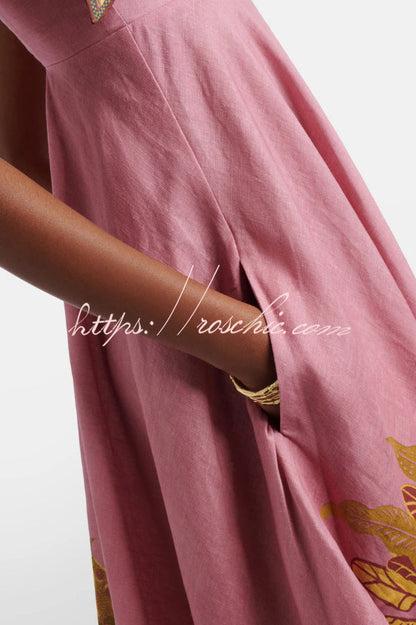 Linen Blend Unique Printed Tie-up Suspenders Pocket Elegant Vacation Maxi Dress