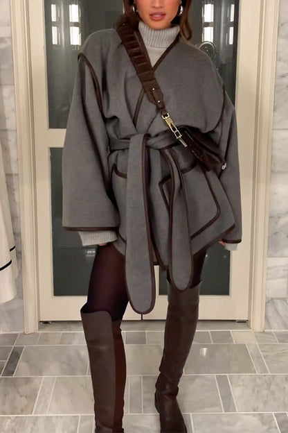 Open Front Pocketed Splice Coat with Belt