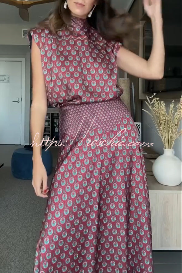 Dalena Satin Art Print High Tie-up Neck Short Sleeve Top and High Rise Maxi Skirt Set