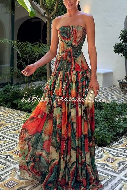 Vacay Vibes Colorful Lava Print Off Shoulder Smocked Scarf Maxi Dress