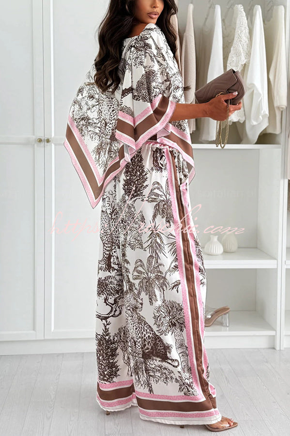 Jungle Themed Satin Unique Print Cape Top and Elastic Waist Pocket Wide Leg Pants Set