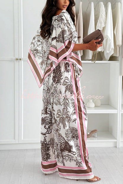 Jungle Themed Satin Unique Print Cape Top and Elastic Waist Pocket Wide Leg Pants Set