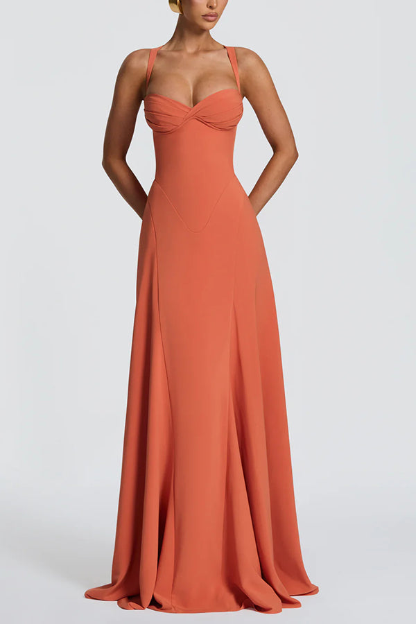 Irie Chiffon Sweetheart Neck Tapered Shoulder Straps Back Lace-up Drape Maxi Dress