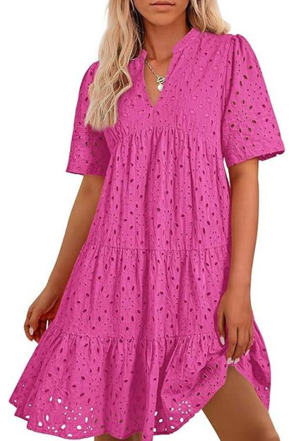 Women's V Neck Short Sleeve Hollow Out Mini Vacation Dress
