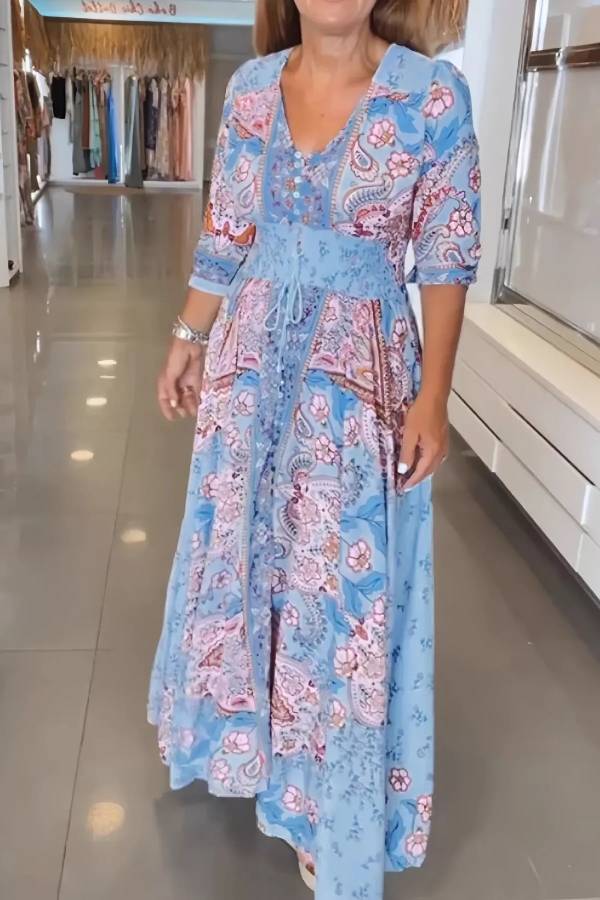 Smocked Printed Half Sleeve Dress