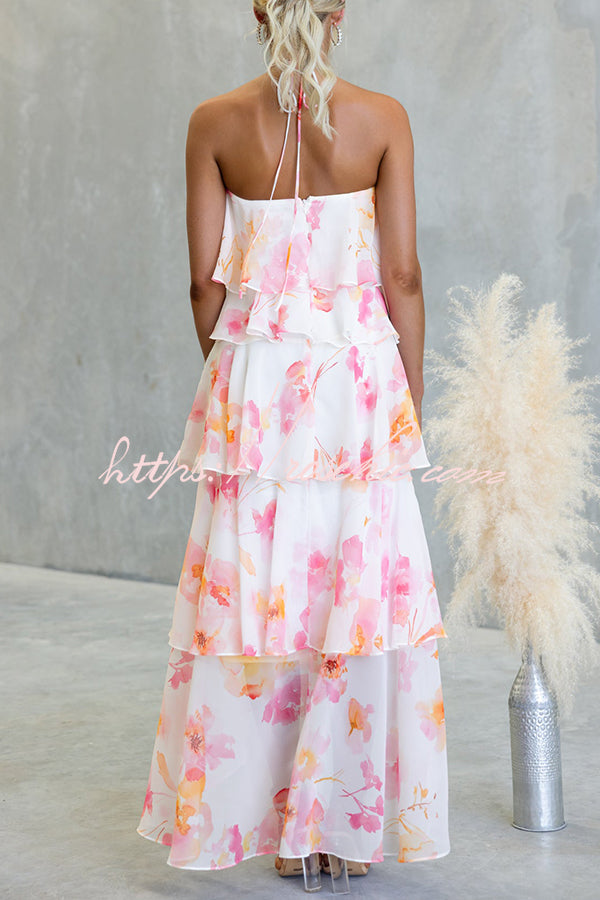 Poetic Eden Chiffon Floral Print Tiered Ruffles Halter A-line Maxi Dress