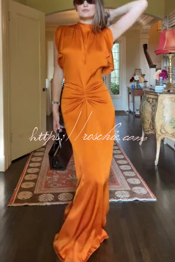 Isabella Satin Short Sleeve Ruched Waist V-shape Back Gown Maxi Dress