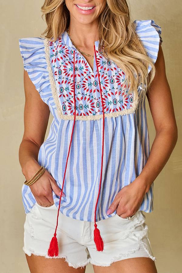 Striped Embroidered Tassel Ruffle Sleeveless Top