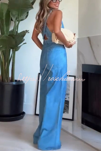 Bold Design Denim Vest-inspired Bodice Crisscross Strap Pocket Loose Jumpsuit