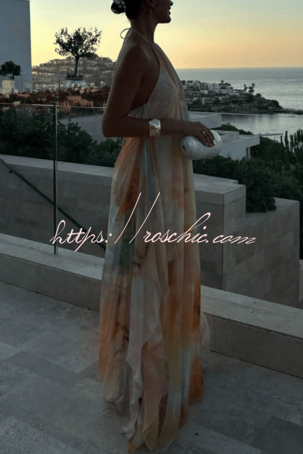Fashionable Tie-dye Halter Neck Backless Loose Vacation Maxi Dress