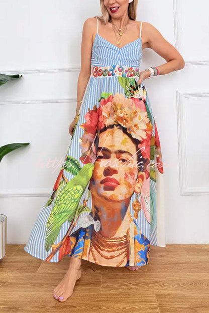Bohemian Art Print Blue and White Striped Sundress