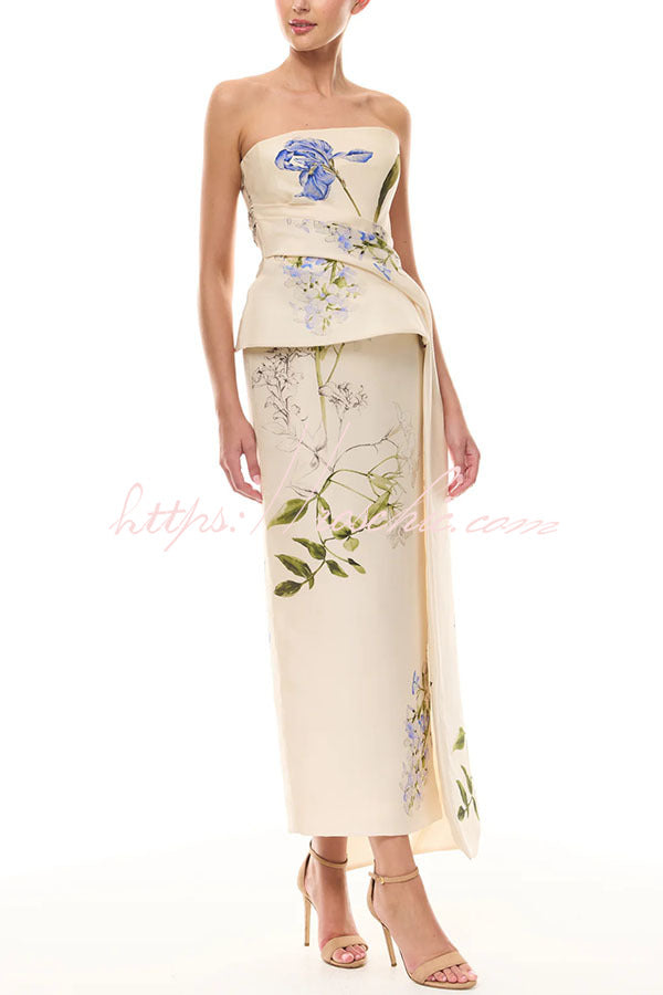 Architectural Tailor Iris Bouquet Print Strapless Draped Peplum Gown Midi Dress