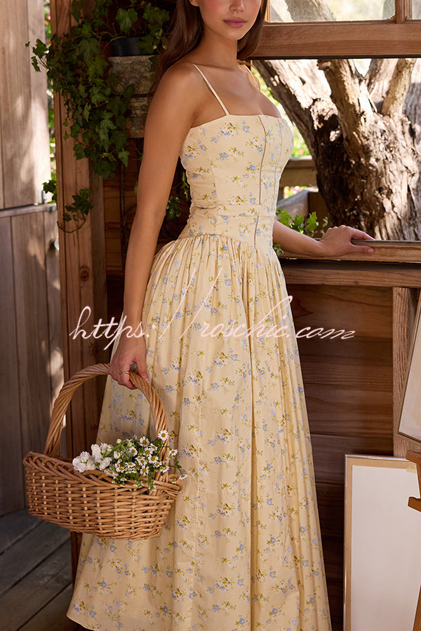Romantic Countryside Stretch Cotton Blend Floral Print Cutout Trim Slip Midi Dress
