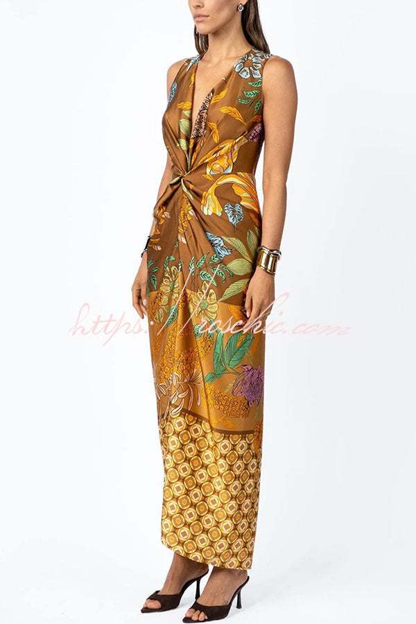 Naturally Inspired Satin Unique Floral Print Twist Waist Slit Drape Maxi Dress
