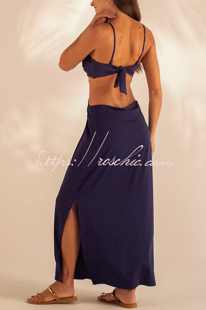 Metal Shell Straps Elastic Bikini and Slit Cover-up Dress Three-piece Set