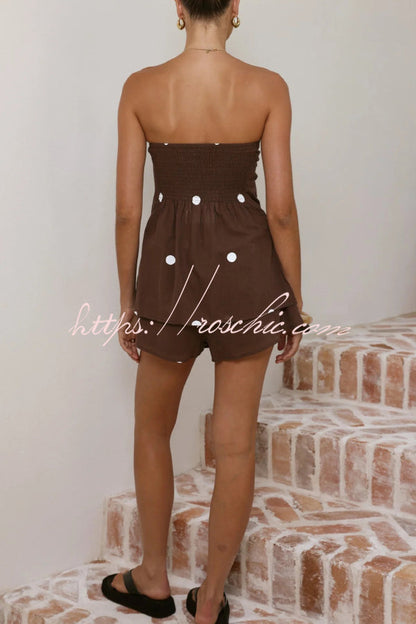 Polka Dot Print Sleeveless Off-shoulder Top and Elastic Waist Casual Pocket Shorts Set