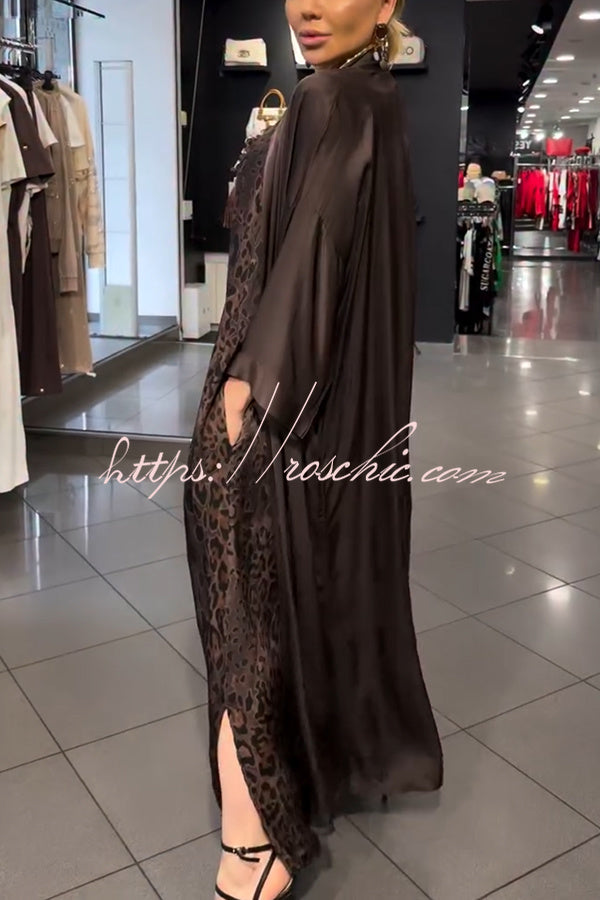 Mira Satin Leopard Print Sleeveless Pocket Maxi Dress and Batwing Sleeve Kimono Two Pieces Set