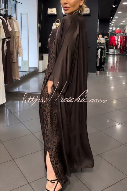 Mira Satin Leopard Print Sleeveless Pocket Maxi Dress and Batwing Sleeve Kimono Two Pieces Set