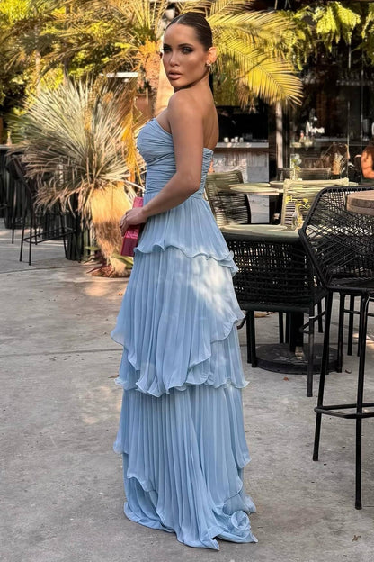 Solid Ruched Tiered Strapless Slim Fit Elegant Prom Dress