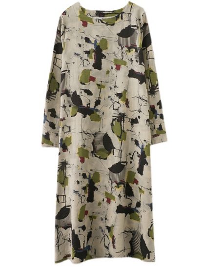 cotton long-sleeved pring summer with broken flowers A-line dress