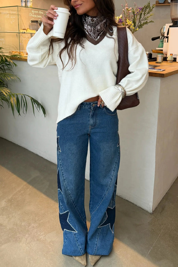 Jessy Denim Mid Rise Side Star Pattern Pocket Wide Leg Jeans (Shipped Within 24 Hours)